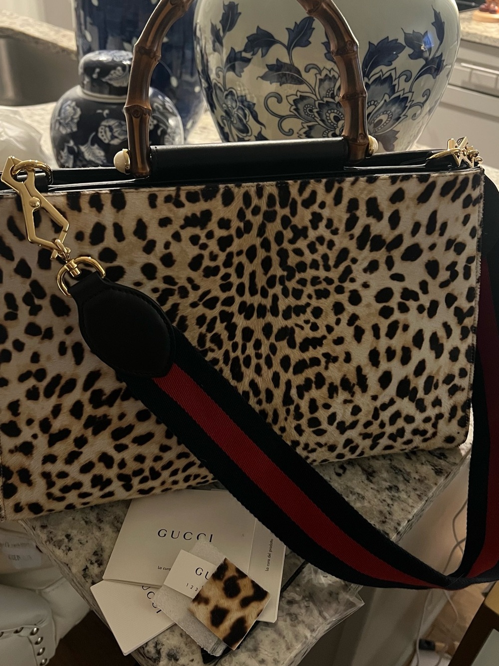 Gucci Leopard-Printed Calf Hair Nymphaea Bamboo Top Handle